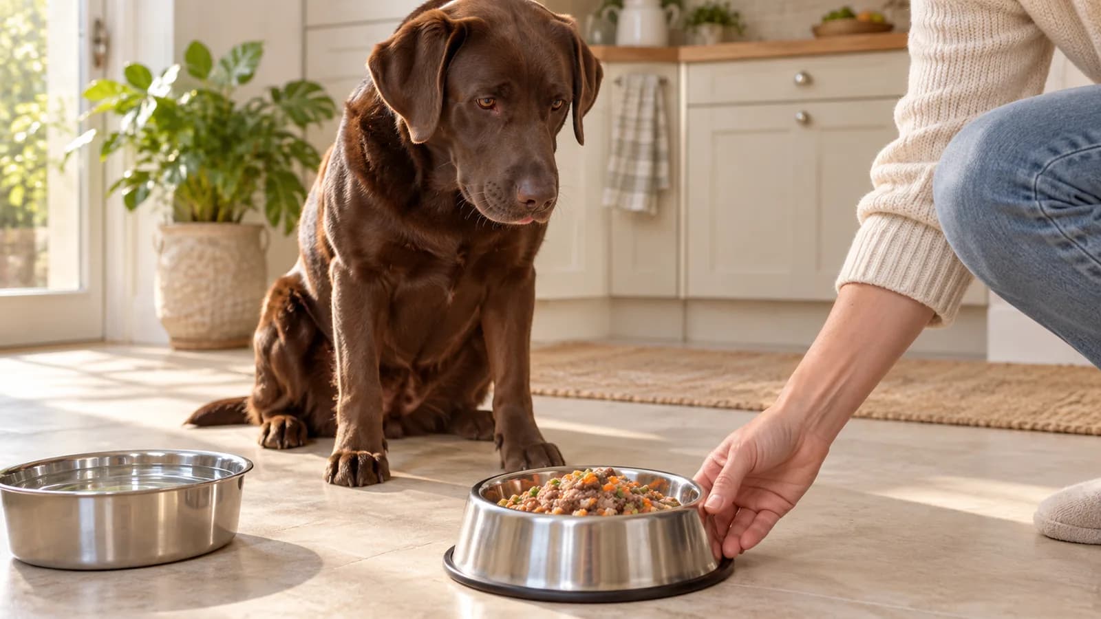 Chocolate Labrador watching a hand place a bowl of cooked food on the floor