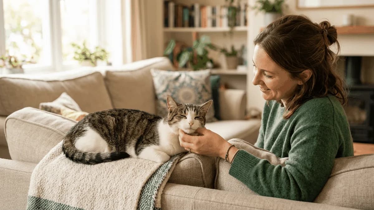 Owner gently stroking the cheek of a calm cat resting on a sofa