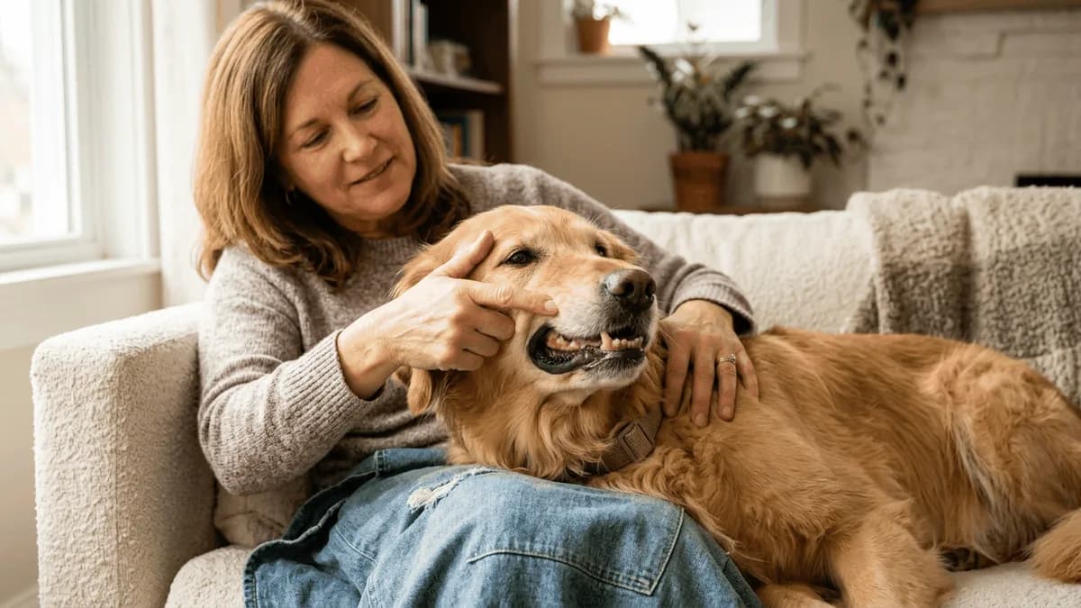 An owner gently lifting a calm dog's lip to check its teeth and gums at home