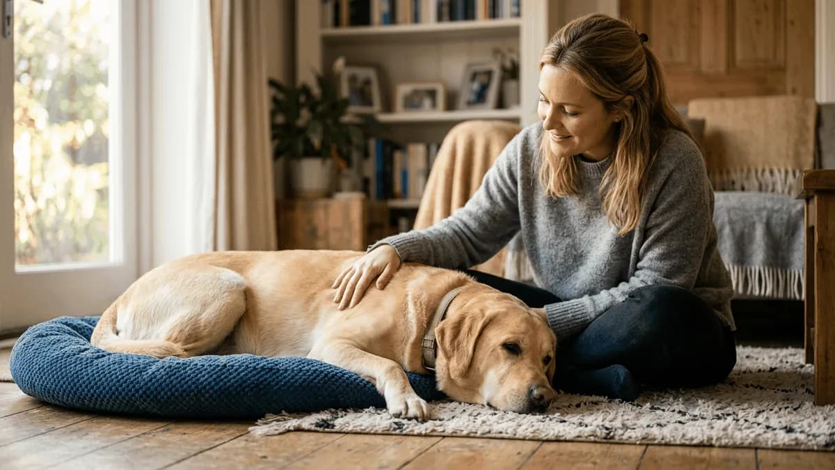 An owner gently comforting a calm resting Labrador at home