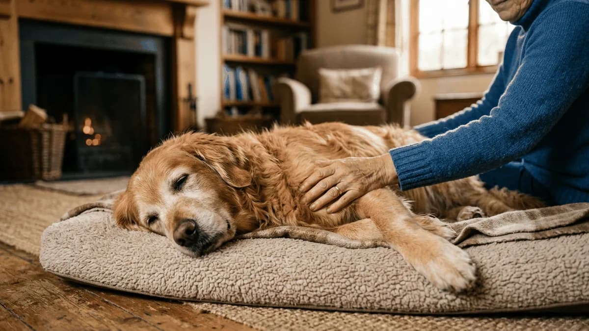 Owner gently comforting a calm senior dog resting on a soft bed