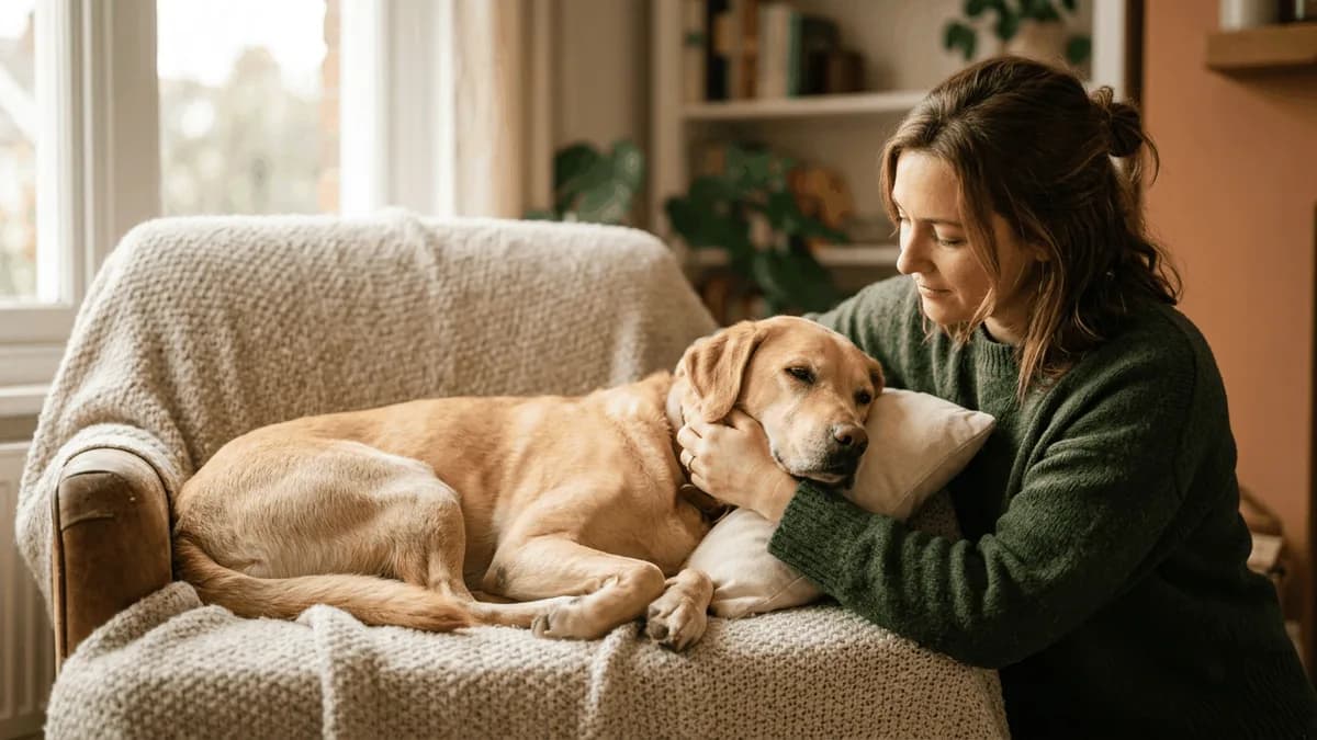 A dog owner gently comforting a tired dog resting on a soft blanket at home