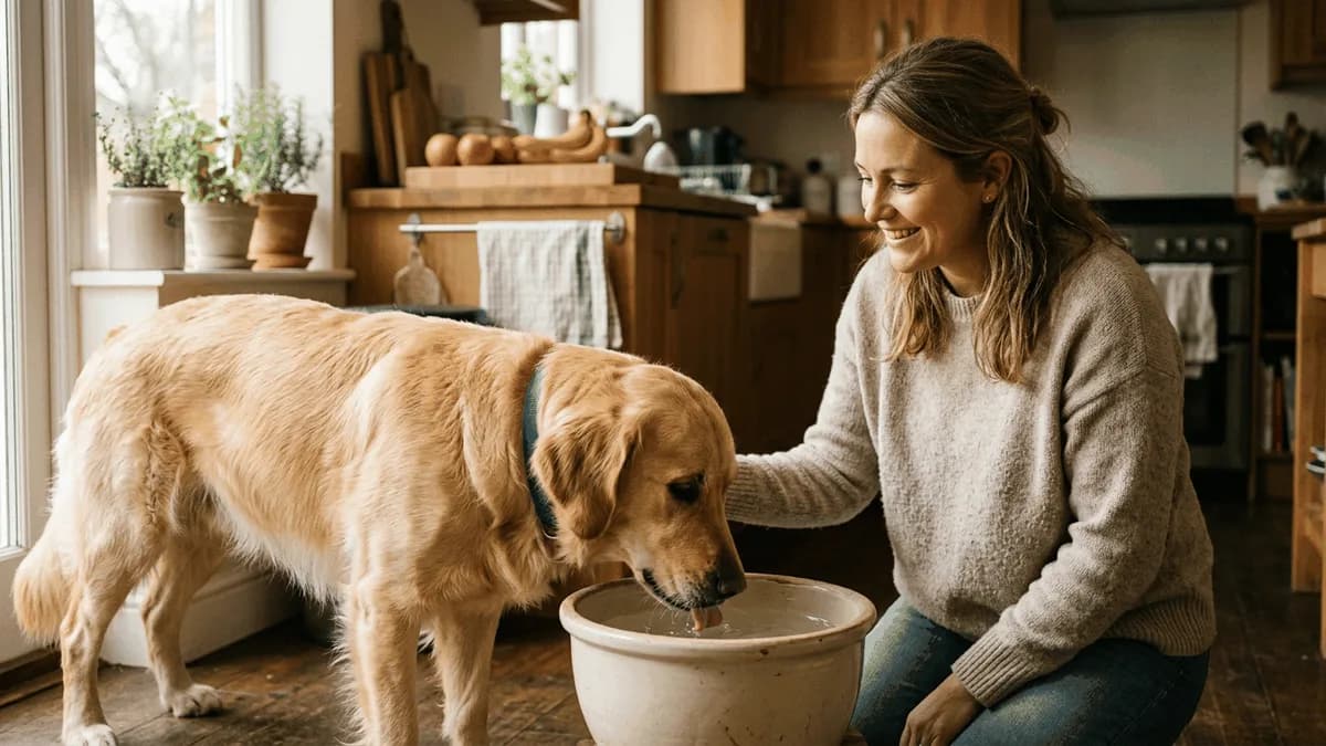 A calm dog drinking from a large water bowl while its owner watches