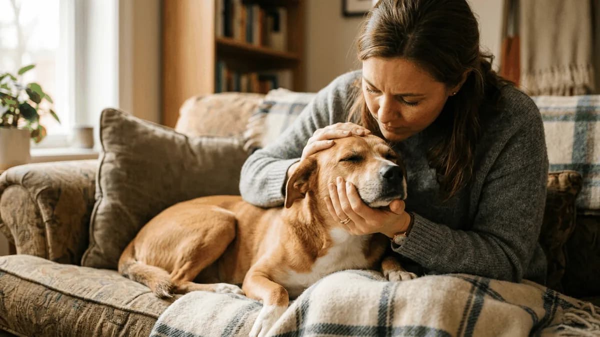 An owner gently comforting the face of a calm dog resting at home