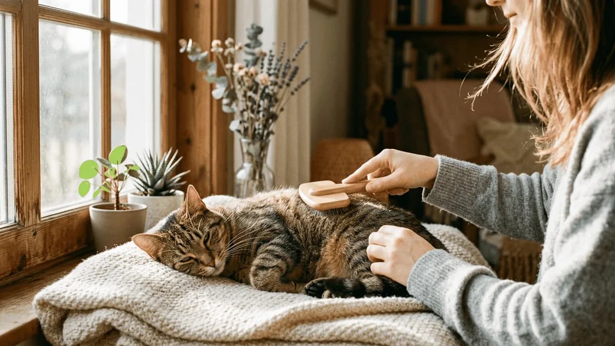 A person gently brushing a calm tabby cat resting on a blanket by a sunny window