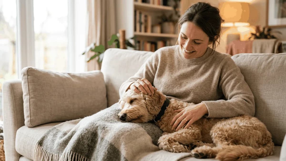 An owner gently comforting a relaxed dog resting at home