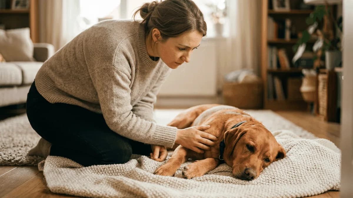 A dog owner gently resting a reassuring hand on their calm dog lying down at home
