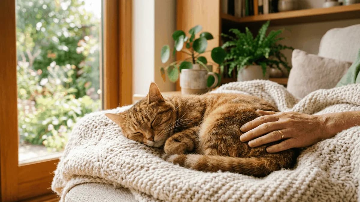 A calm cat resting curled up on a soft blanket by a sunny window with an owner's hand resting gently nearby