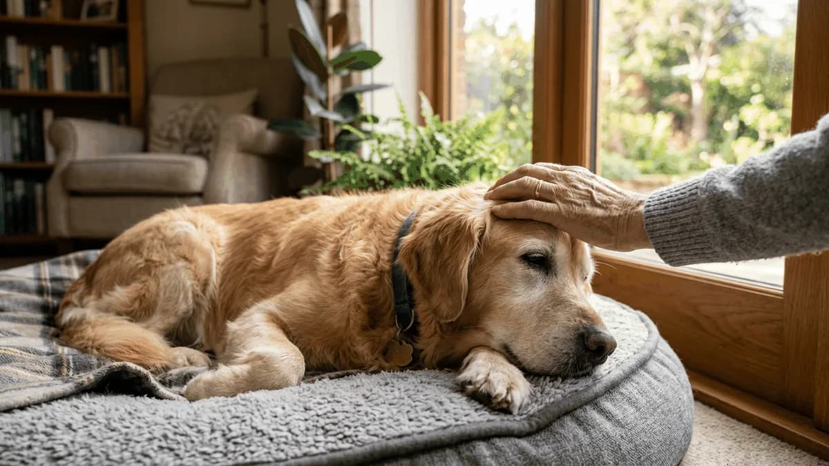 A tired senior dog resting on a soft bed while its owner gently strokes its head