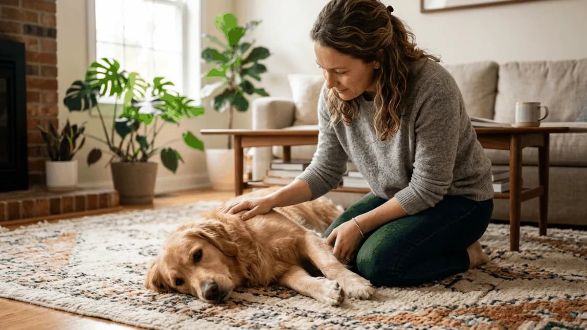 An owner kneeling beside their dog on a rug, gently resting a hand on the dog's shoulder