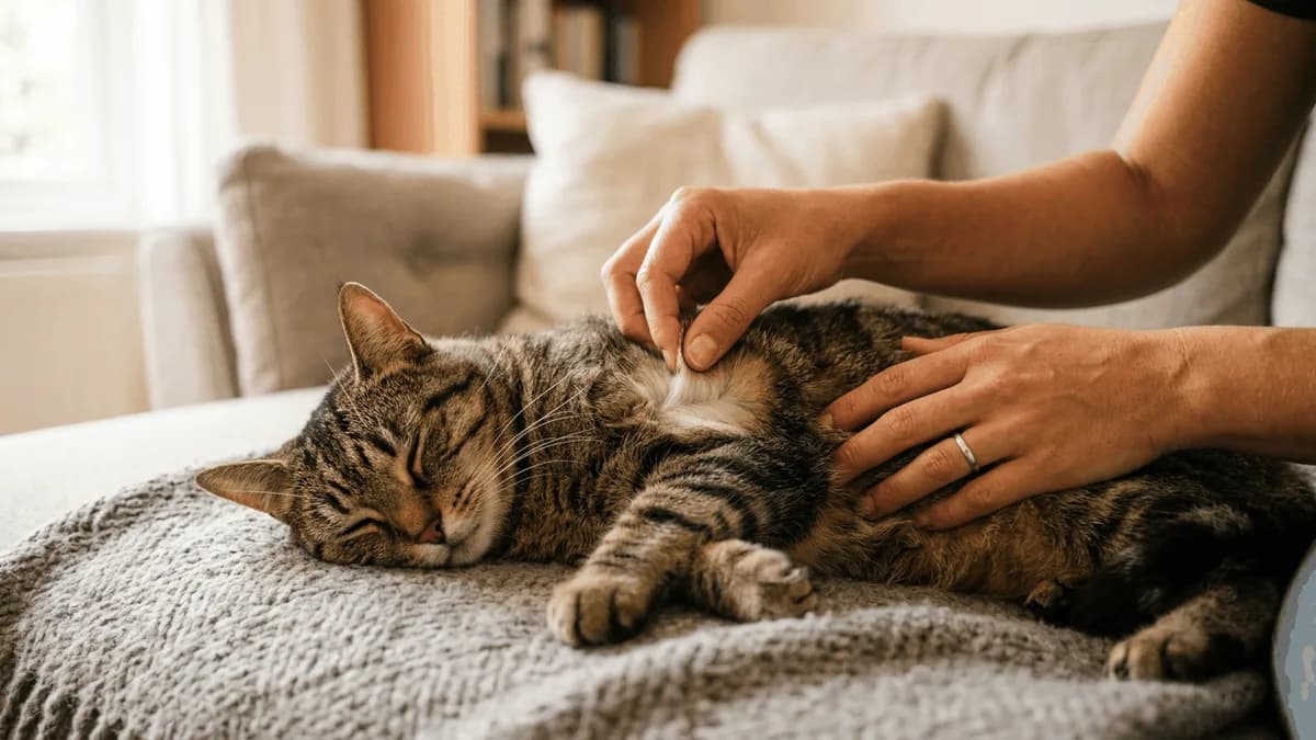 An owner gently parting a calm cat's fur to check the skin for a lump