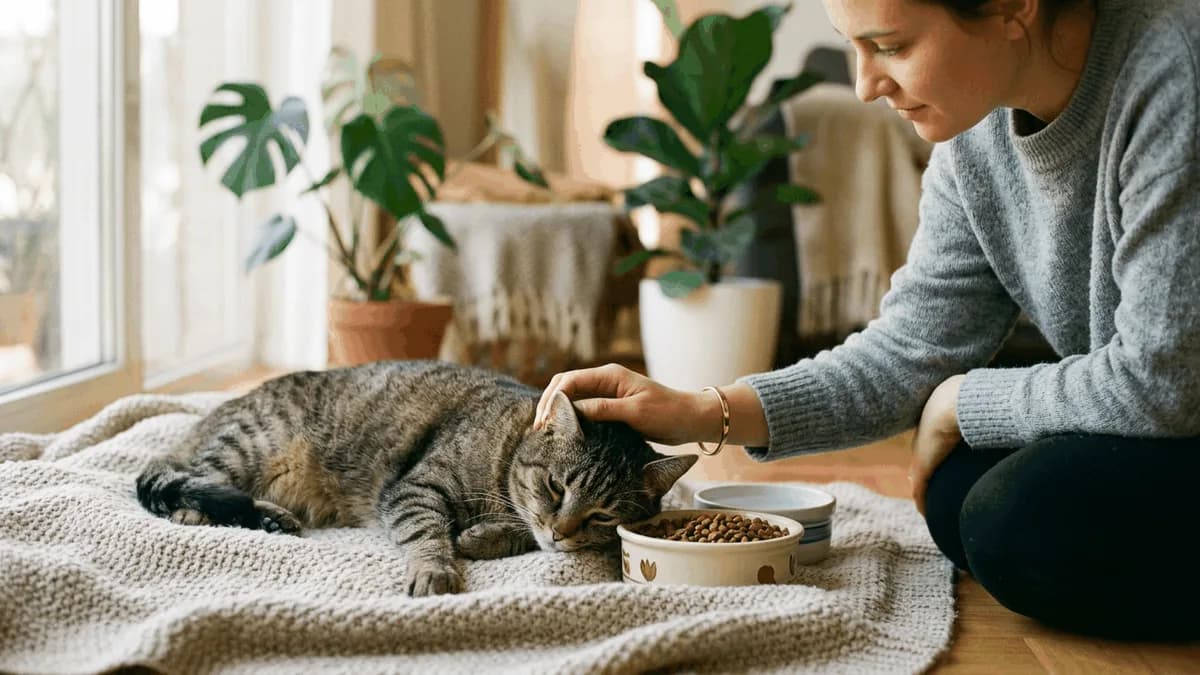 An owner gently comforting a quiet cat resting beside an untouched food bowl
