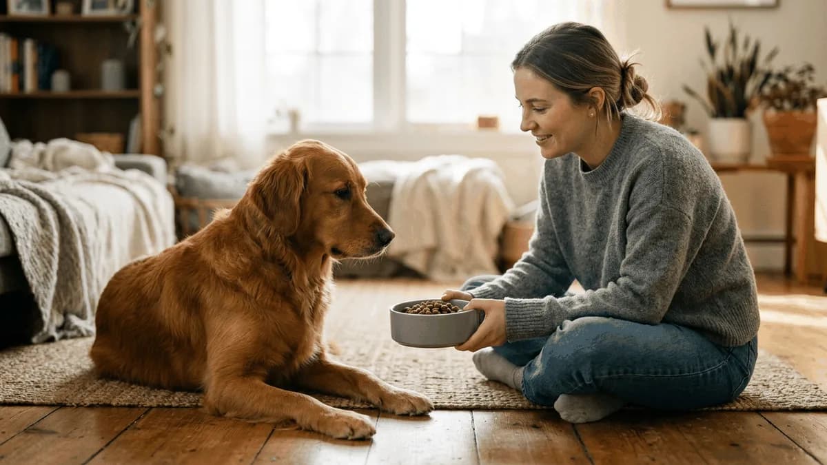 A dog owner sitting on the floor gently offering a food bowl to a calm dog that looks disinterested