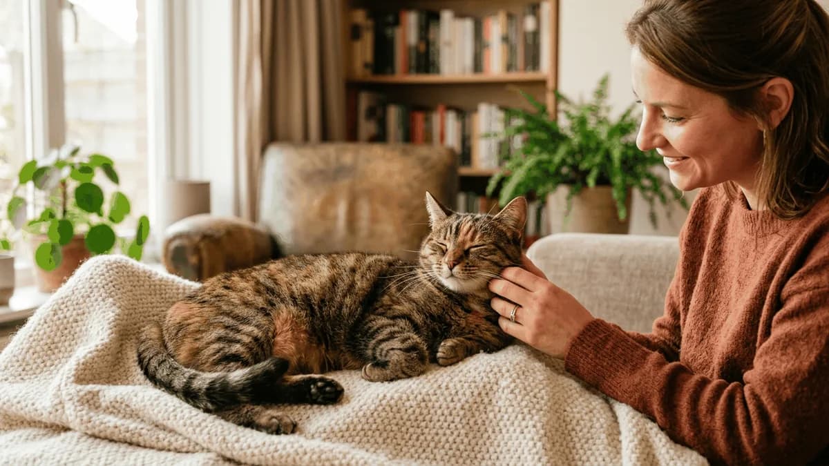 A calm tabby cat resting at home while its owner gently strokes its head