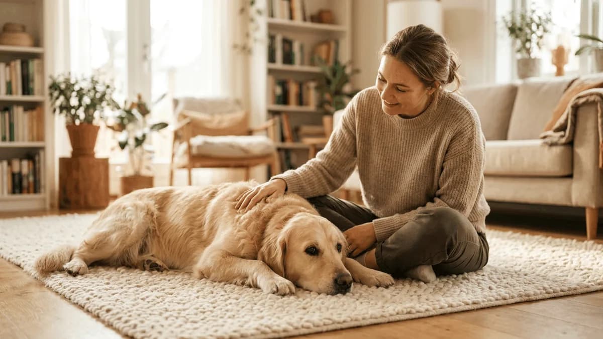 A calm dog resting comfortably on a rug while its owner sits nearby
