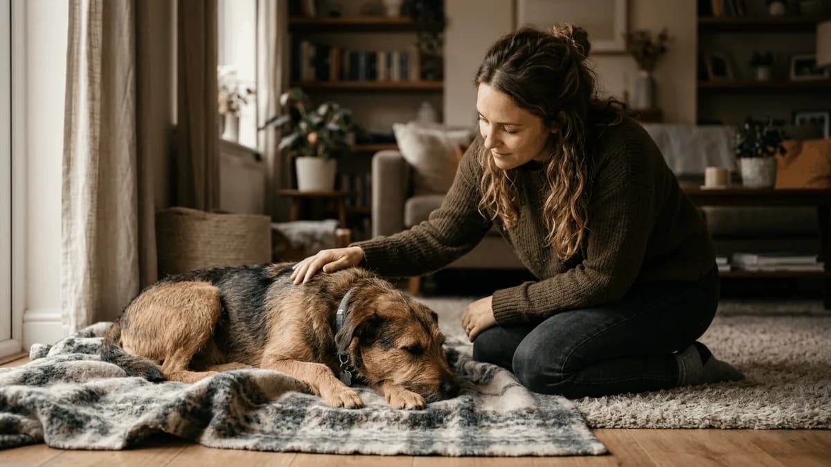 A dog owner kneeling beside their dog resting calmly on a blanket, one hand gently on the dog's back