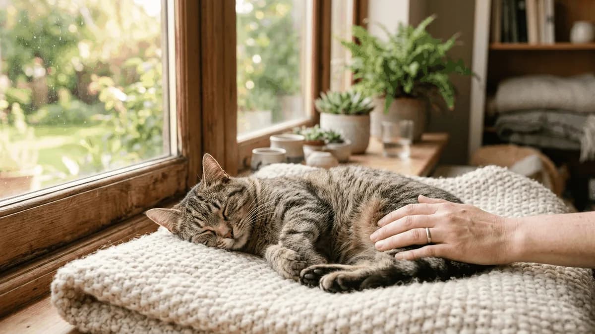 A calm cat resting by a sunlit window with an owner's gentle hand nearby
