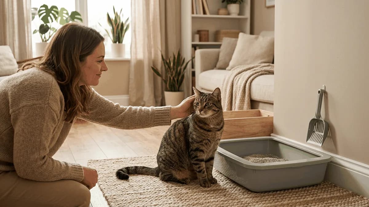 A calm cat sitting beside a clean litter box while an owner gently reaches to comfort it