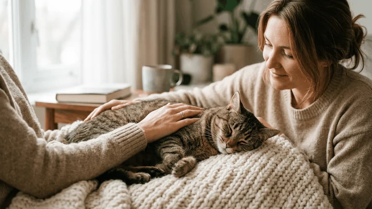 An owner gently comforting a calm adult cat resting on a soft blanket at home