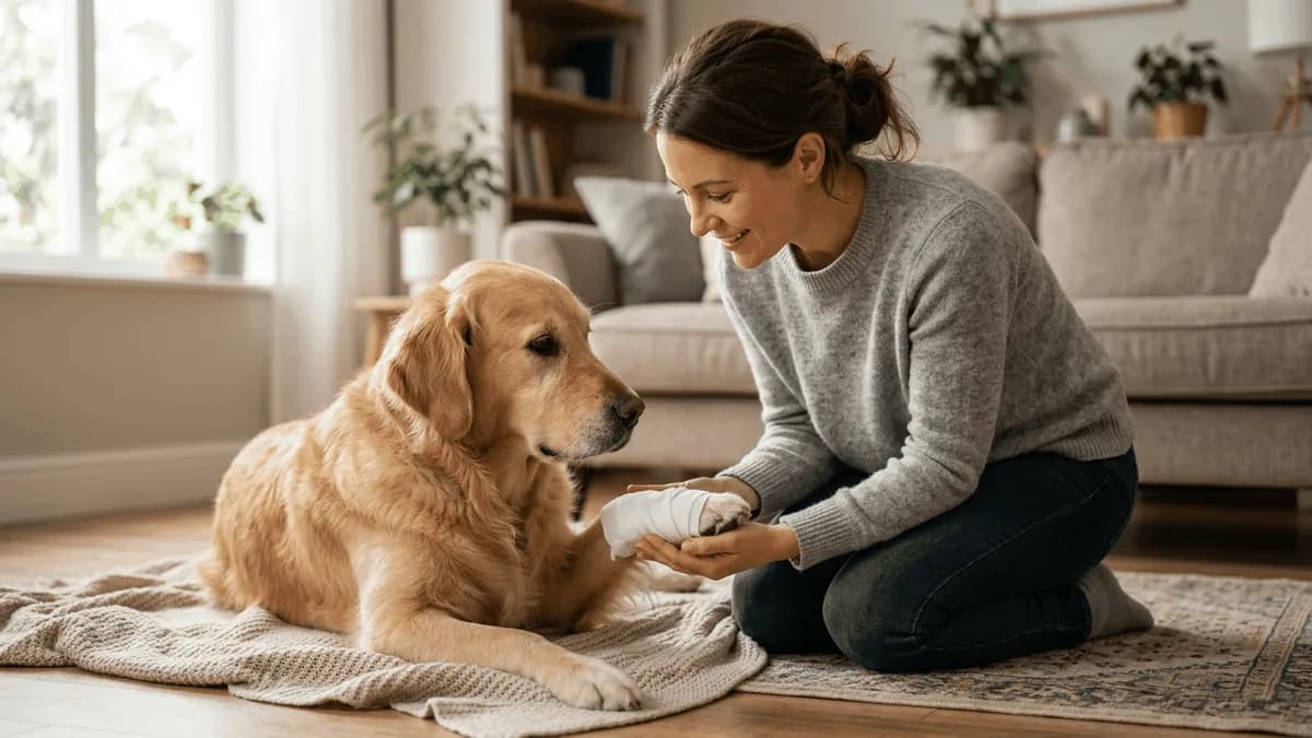 A dog owner gently holding a clean cloth around a calm dog's paw at home