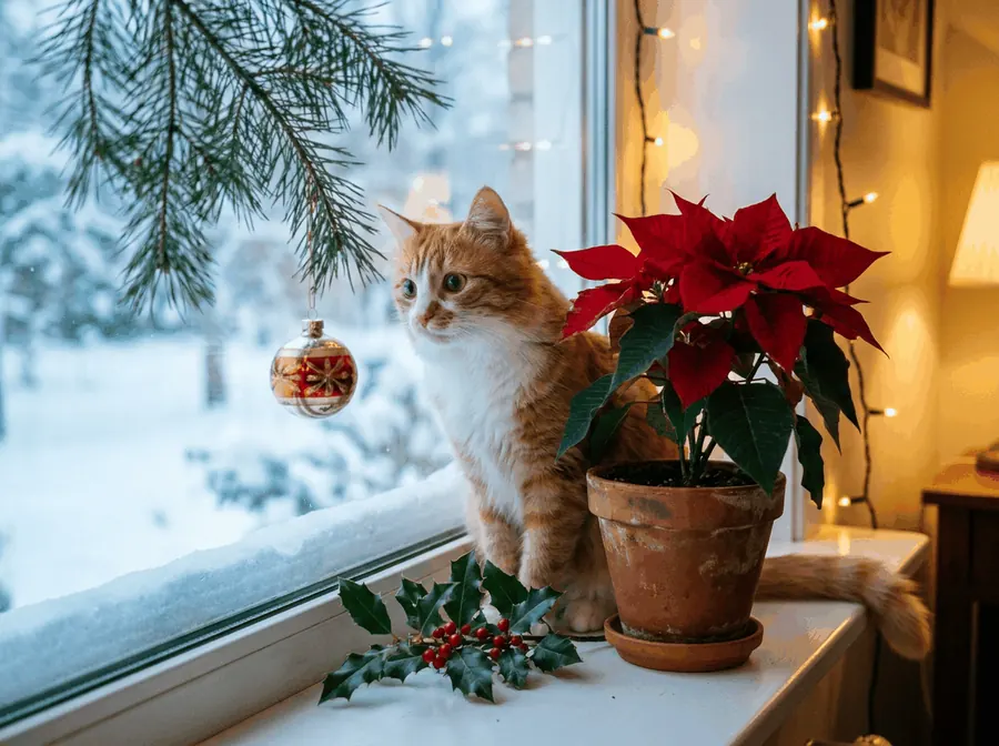 An orange and white cat on a windowsill with snow outside, beside a red poinsettia, holly and a glass ornament