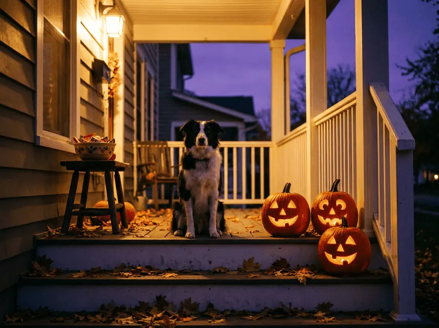 A black-and-white border collie sitting on porch steps beside three glowing jack-o'-lanterns at dusk, with a candy bowl up on a small table