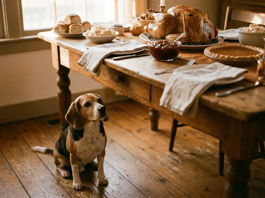 A beagle sitting on a wooden floor looking up at a farmhouse table set with roast turkey, cranberry sauce, mashed potatoes, rolls and pumpkin pie