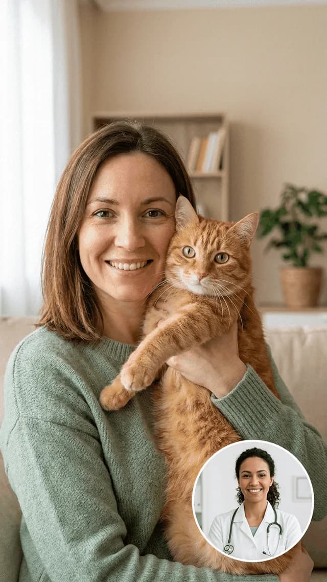 A pet parent holding an orange tabby cat up to the camera on a video call, with a female veterinarian visible in the corner window