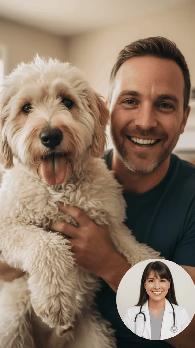 A pet parent holding a happy dog up to the camera on a video call, with a female veterinarian visible in the corner window