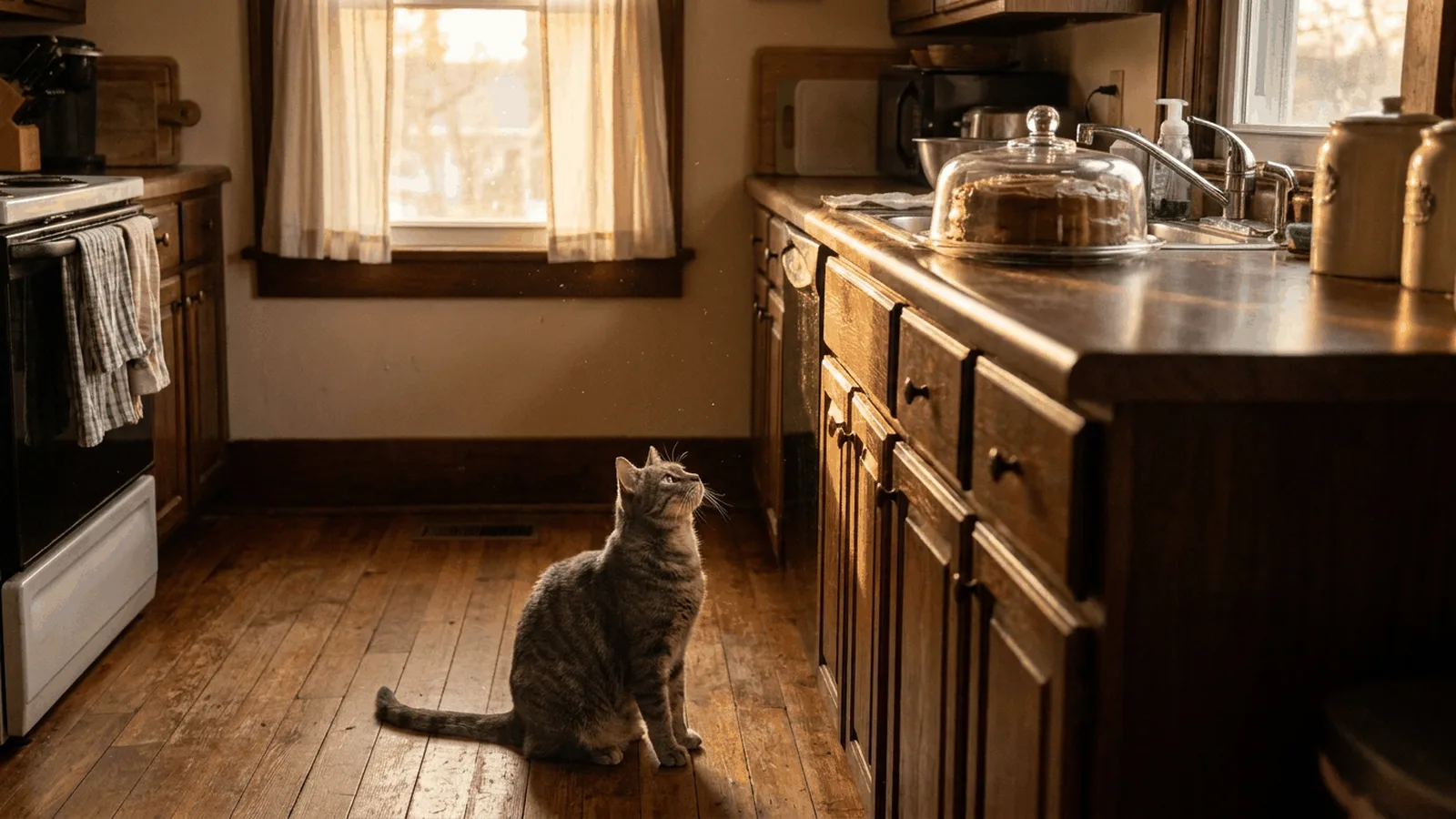 Gray tabby cat sitting on a wooden kitchen floor looking up at a chocolate cake under a glass dome
