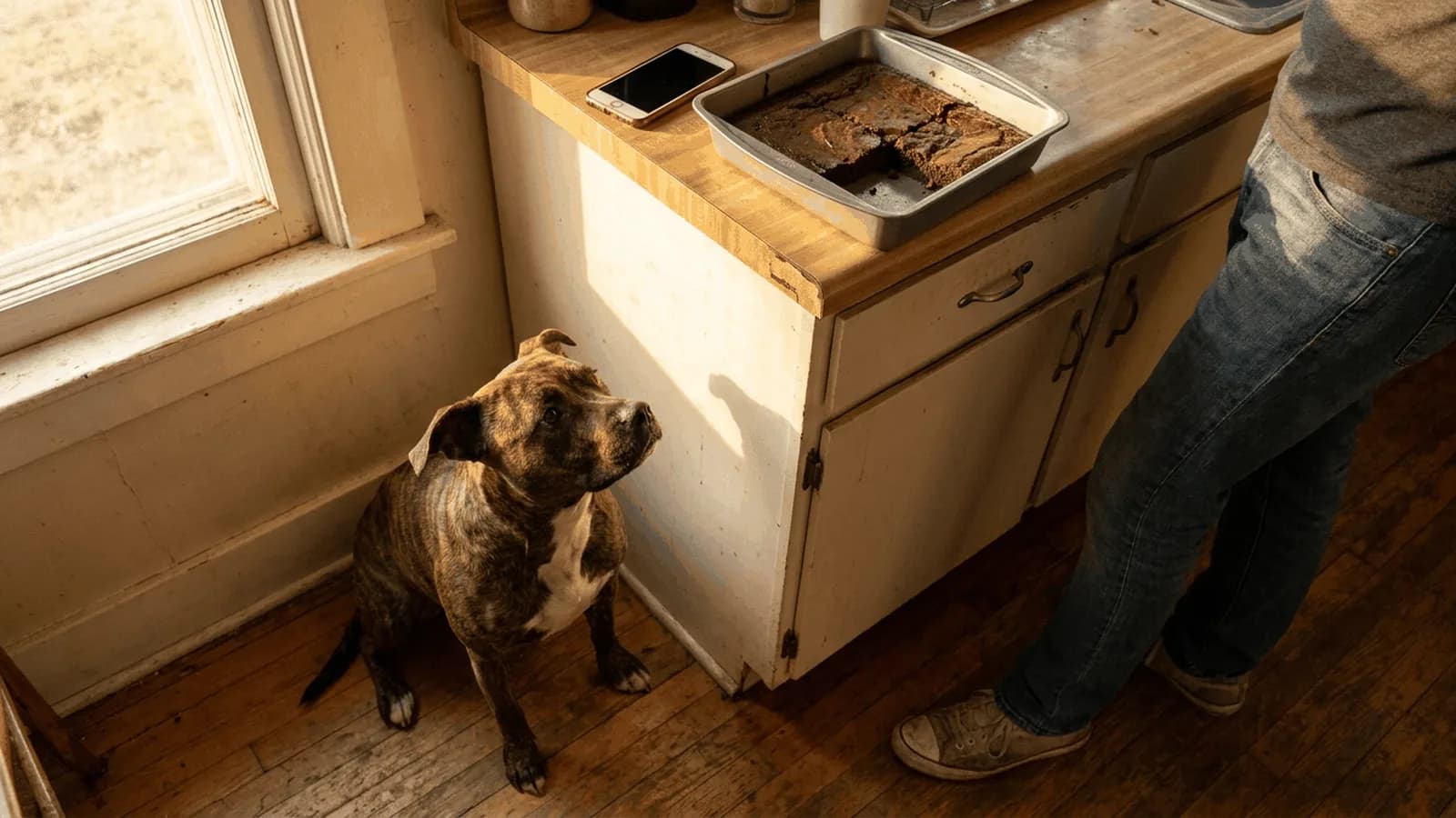 Brindle Staffordshire bull terrier mix sitting on a wooden floor looking up at a brownie pan