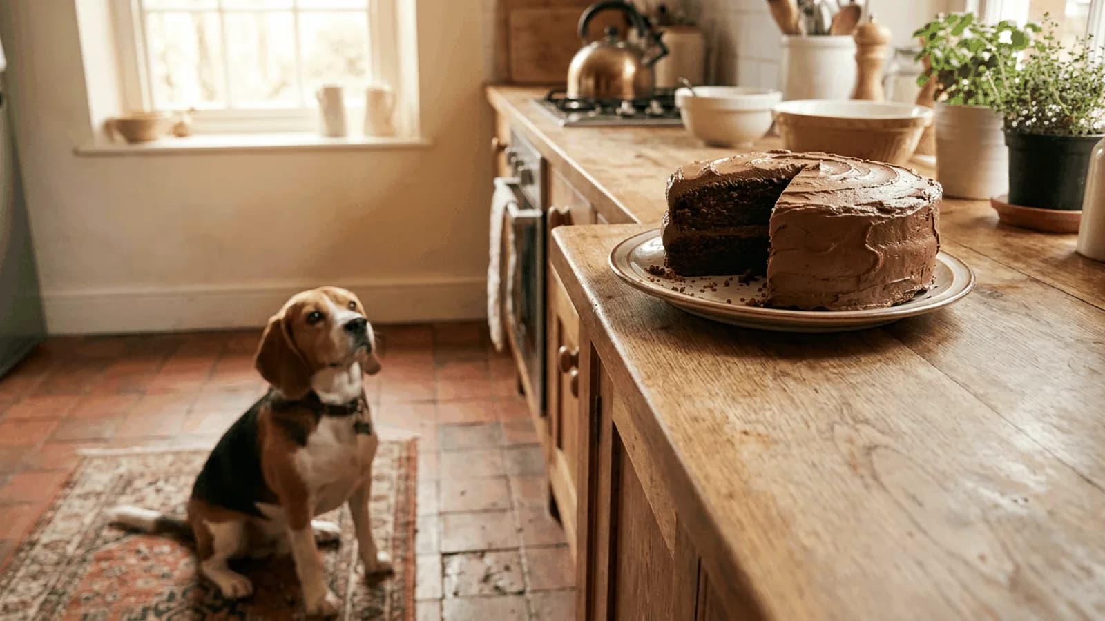 Beagle sitting on a tile kitchen floor looking up at a chocolate layer cake with a slice cut out