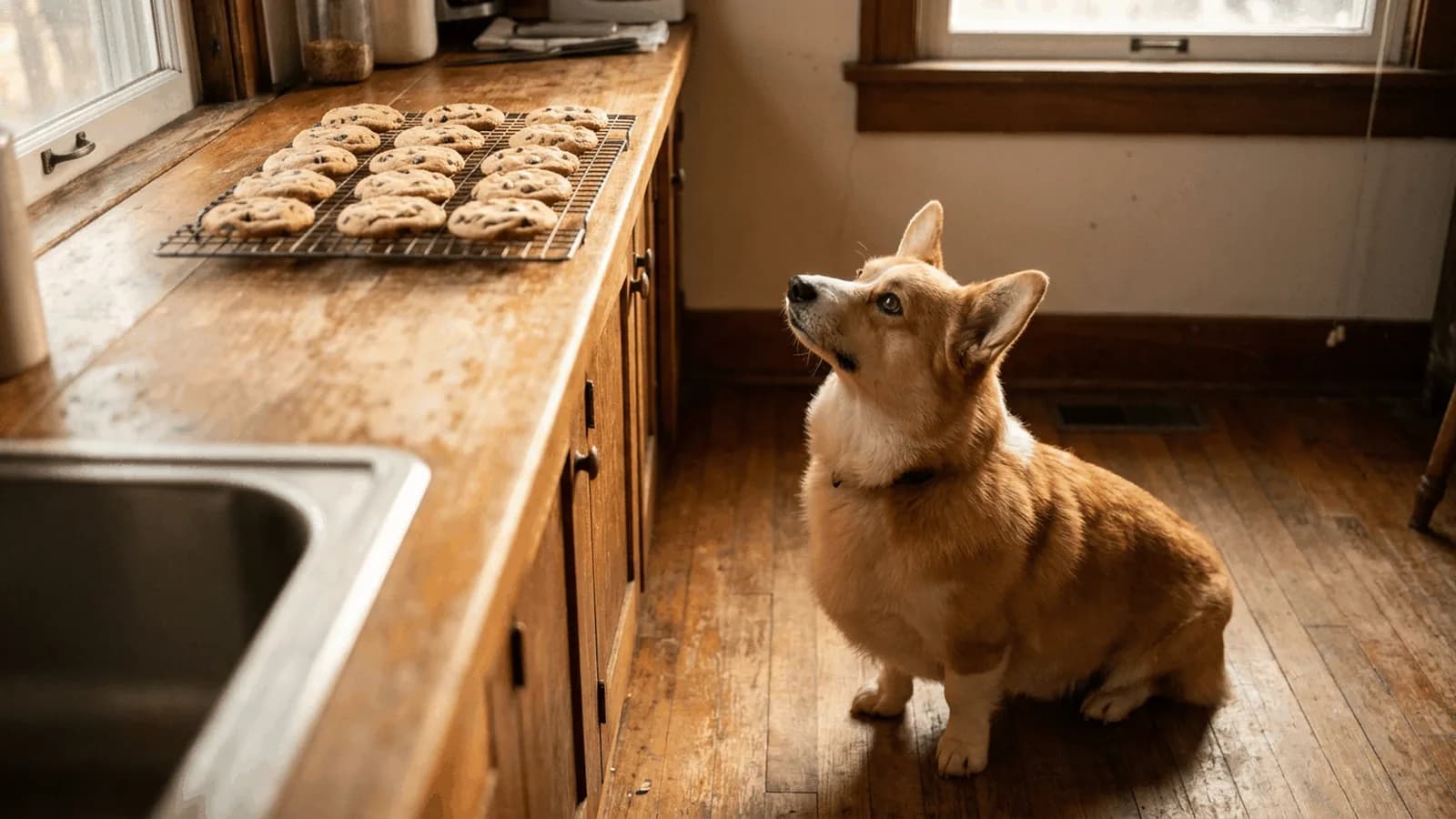 Welsh Corgi sitting on a wooden kitchen floor looking up at a rack of chocolate chip cookies