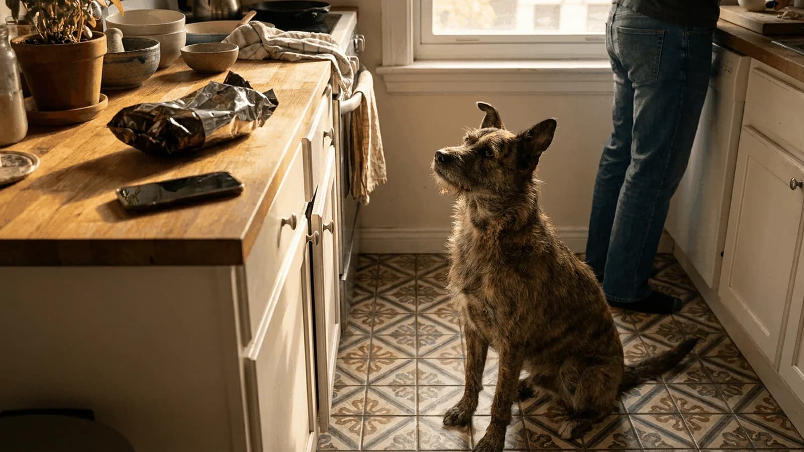 Brindle mixed-breed dog sitting on a patterned kitchen floor looking up at a foil wrapper and phone on the counter