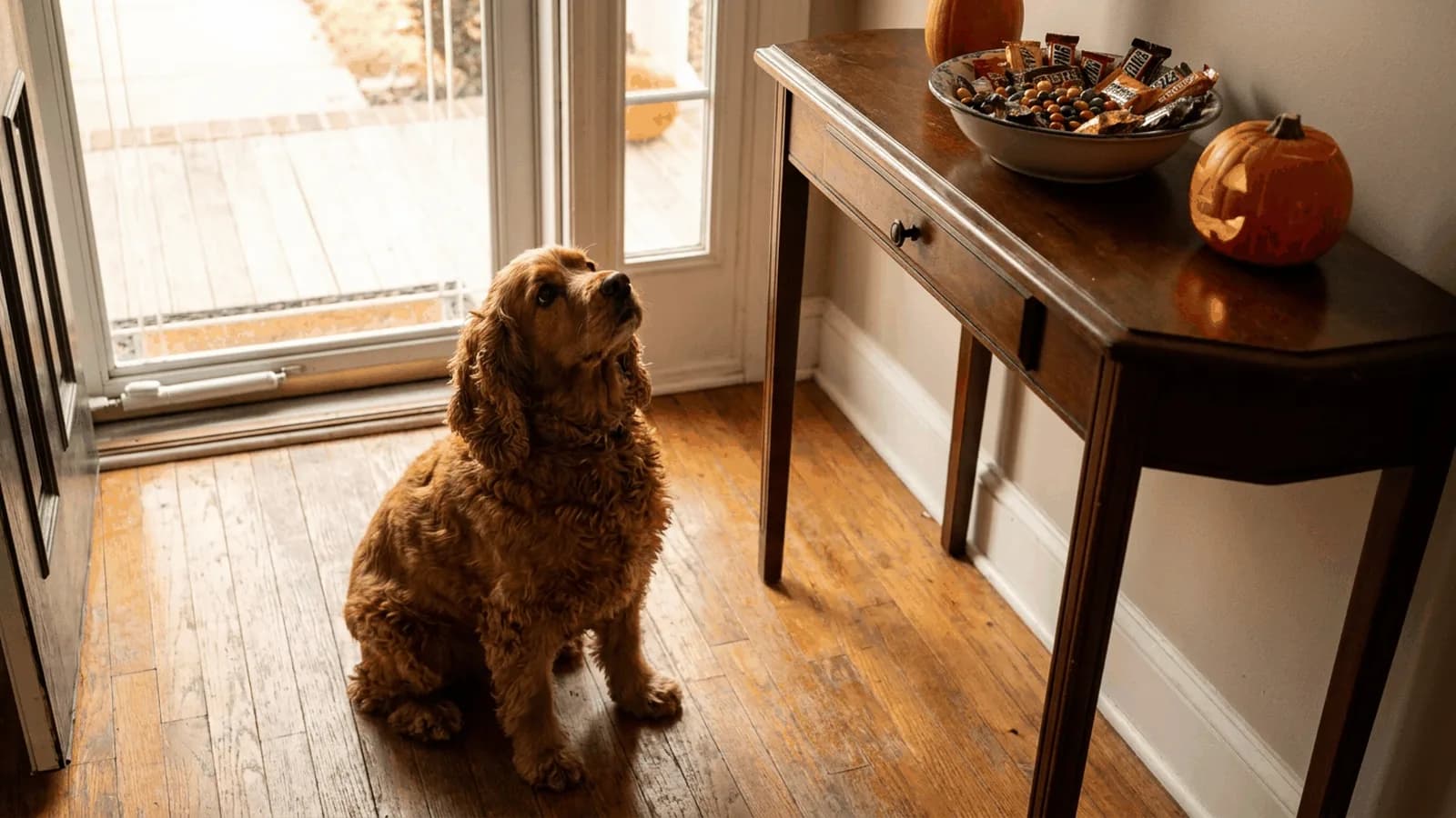Red Cocker Spaniel sitting in a sunlit entryway looking up at a candy bowl and pumpkin on a high table