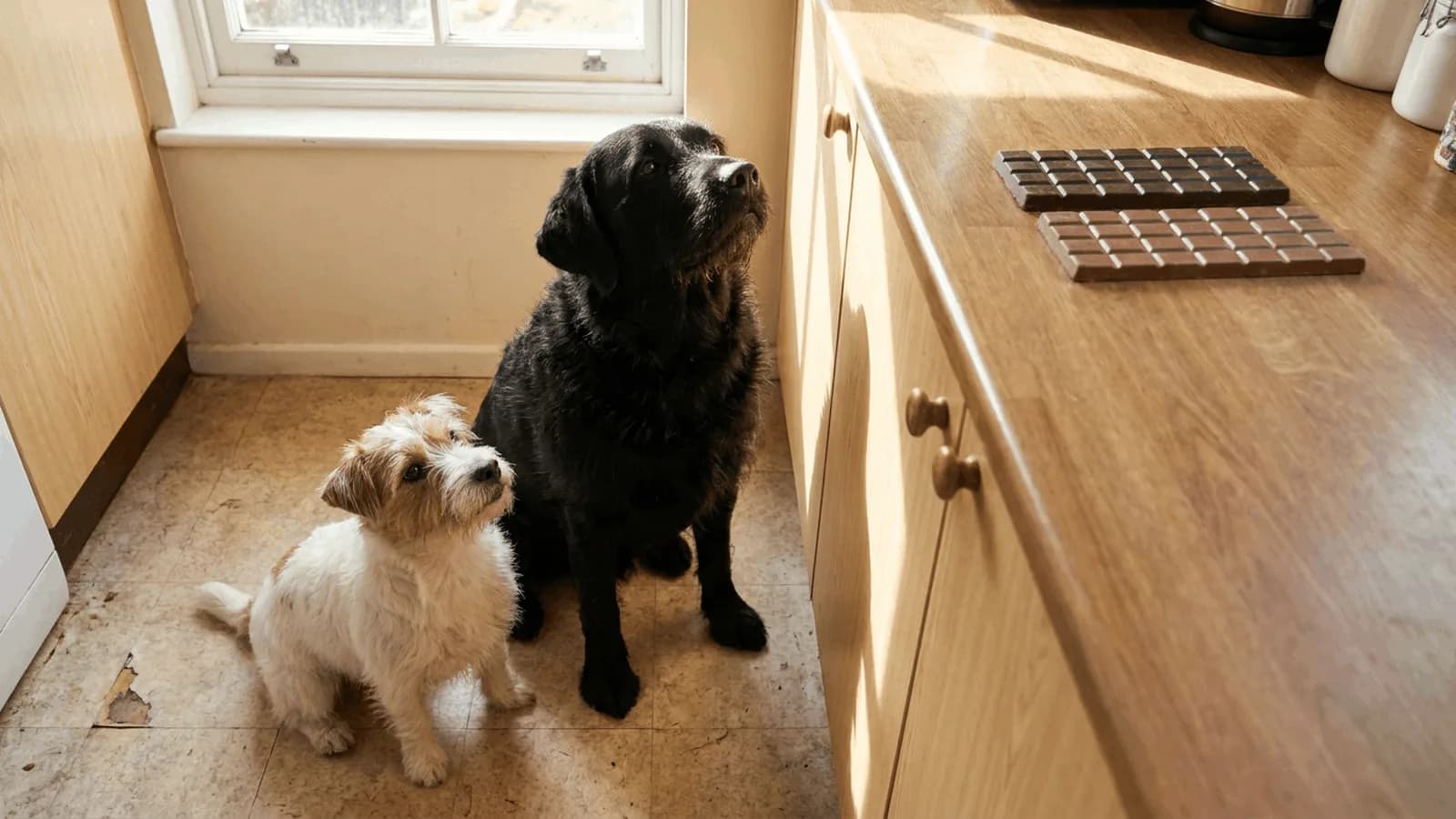 Small Jack Russell terrier and a large black Labrador sitting side by side looking up at two chocolate bars