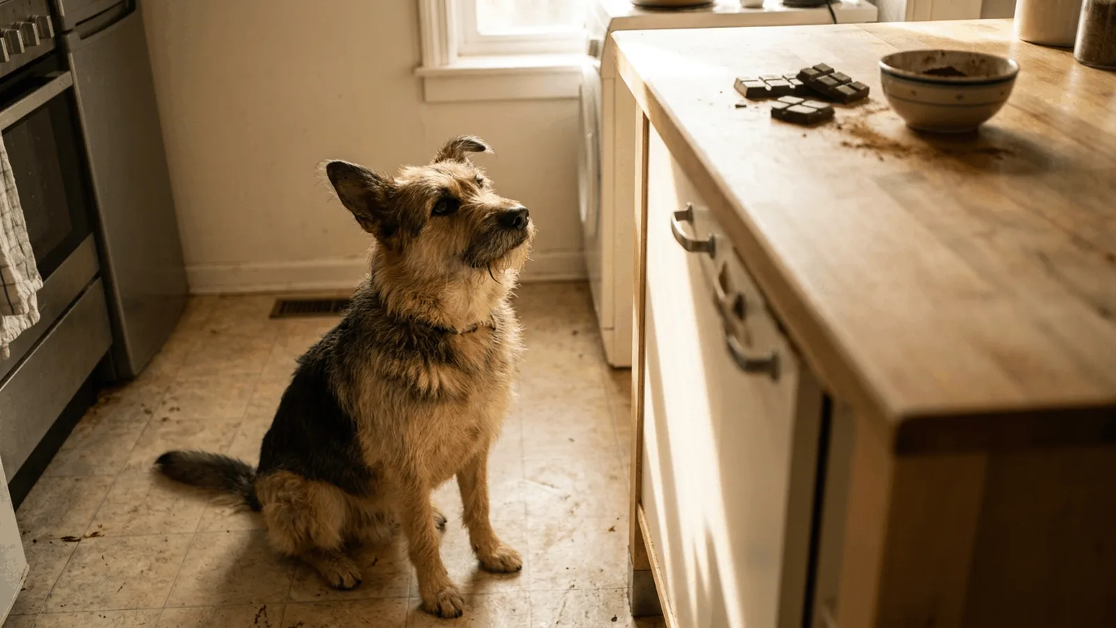German Shepherd mix sitting on a kitchen floor looking up at dark chocolate pieces