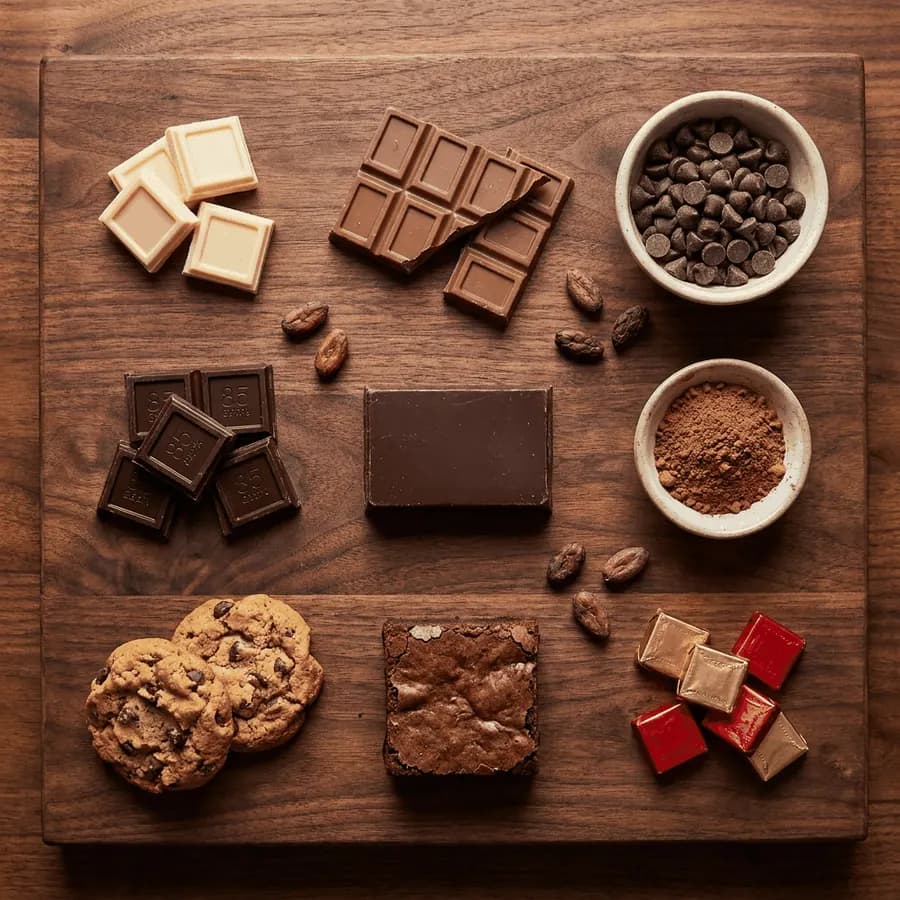 White, milk, semisweet, dark and baking chocolate, cocoa powder, cookies and a brownie