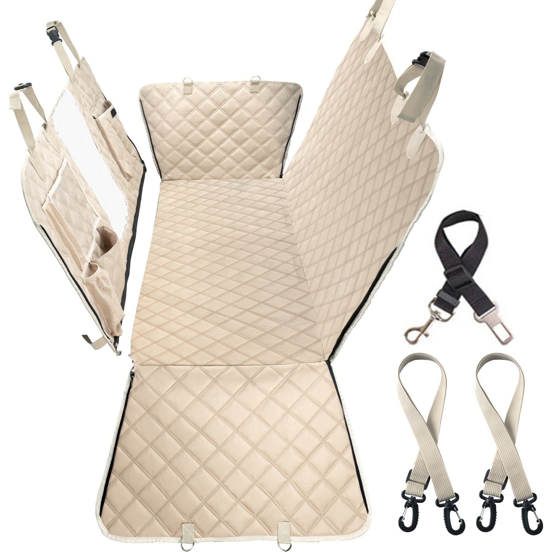 Bark Lover Waterproof Hammock Dog Car Back Seat Cover with Mesh Window & Multiple Pockets, Beige, 52 x 58-in