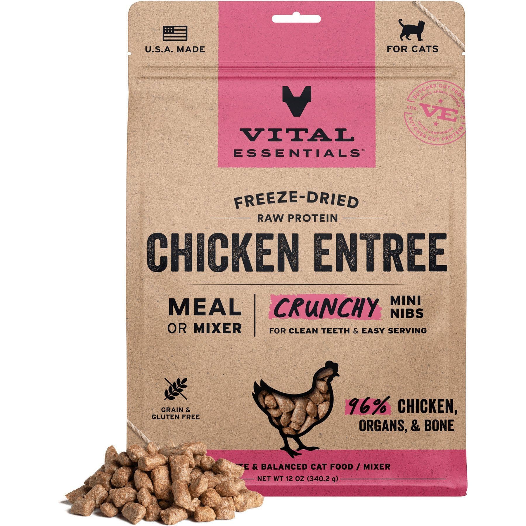 Vital Essentials Crunchy Mini Nibs Raw Chicken Entree Freeze-Dried Cat Food, 12-oz bag