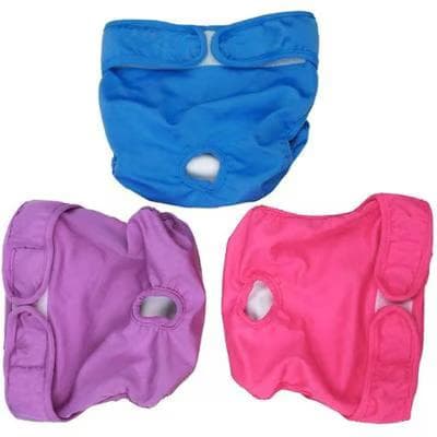 SunGrow reusable female cat and dog heat-cycle diapers in blue, purple and pink