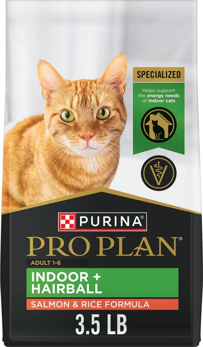 Purina Pro Plan Adult Indoor Hairball Management salmon and rice dry cat food, 3.5-lb bag