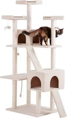 Cream Frisco 72-inch large base faux fur cat tree and condo with a tortoiseshell cat on an upper platform