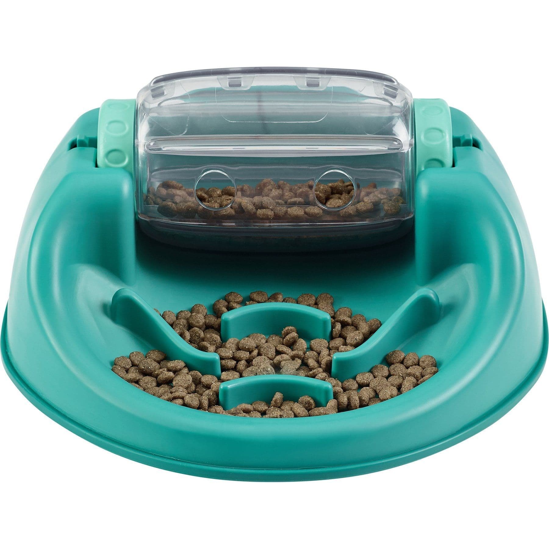 Green Outward Hound Spin N Eat dog food puzzle with a clear rotating food drum