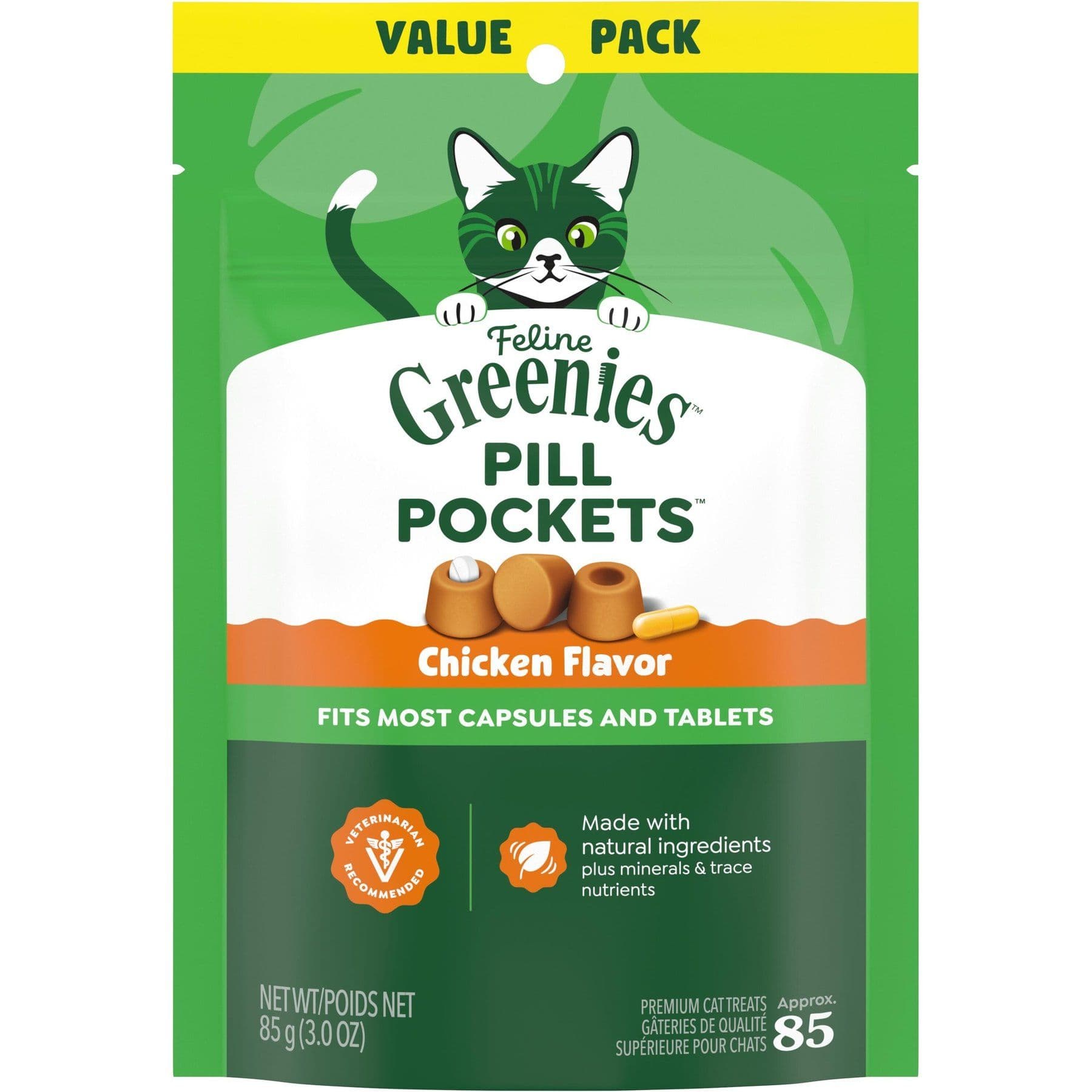 Greenies Pill Pockets Feline Chicken Flavor Natural Soft Adult Cat Treats, 3-oz bag, 85 count
