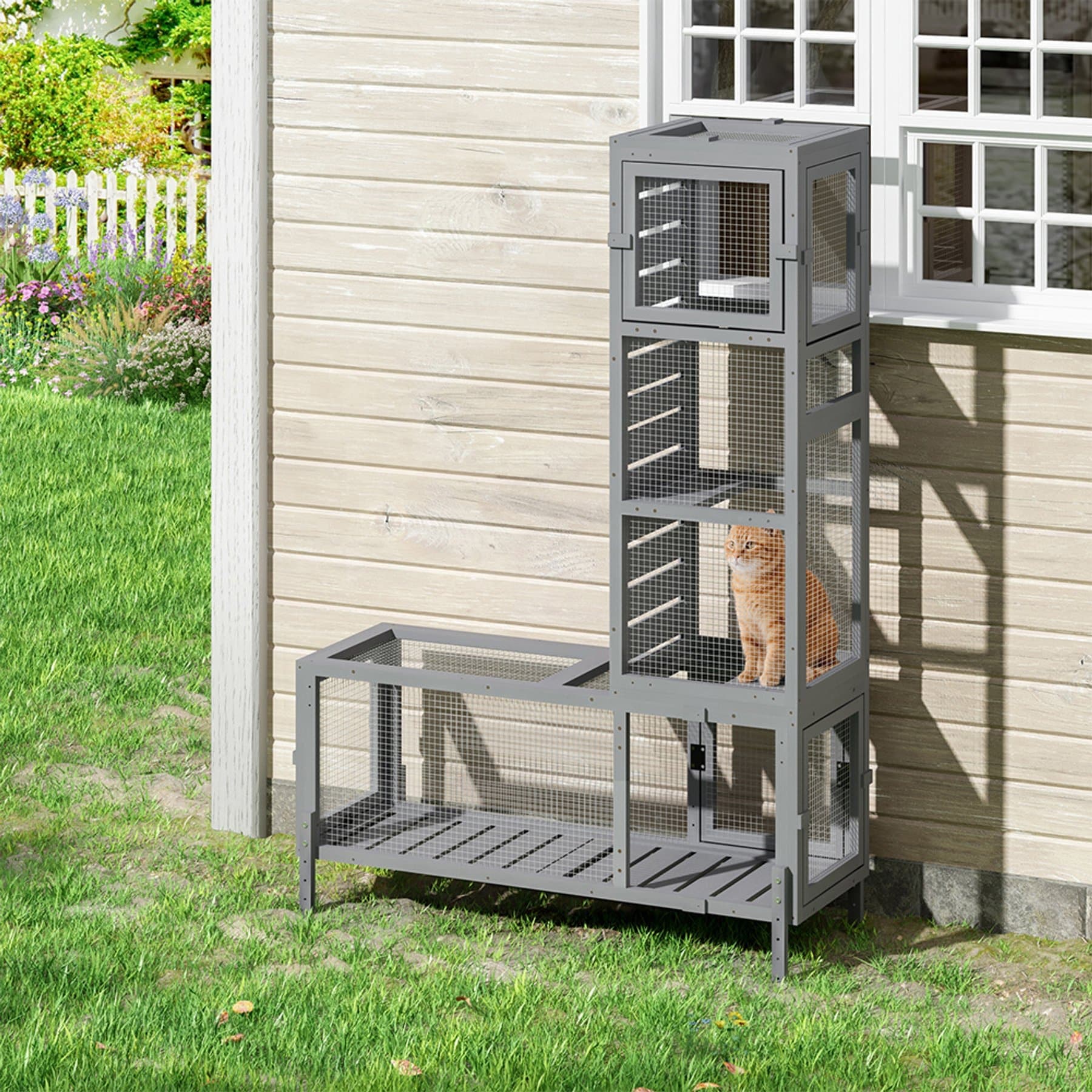 Coziwow Configurable Window Catio Wooden Cat Tunnel Exercise Playpen with Platforms, Dark Gray, 45.67-in
