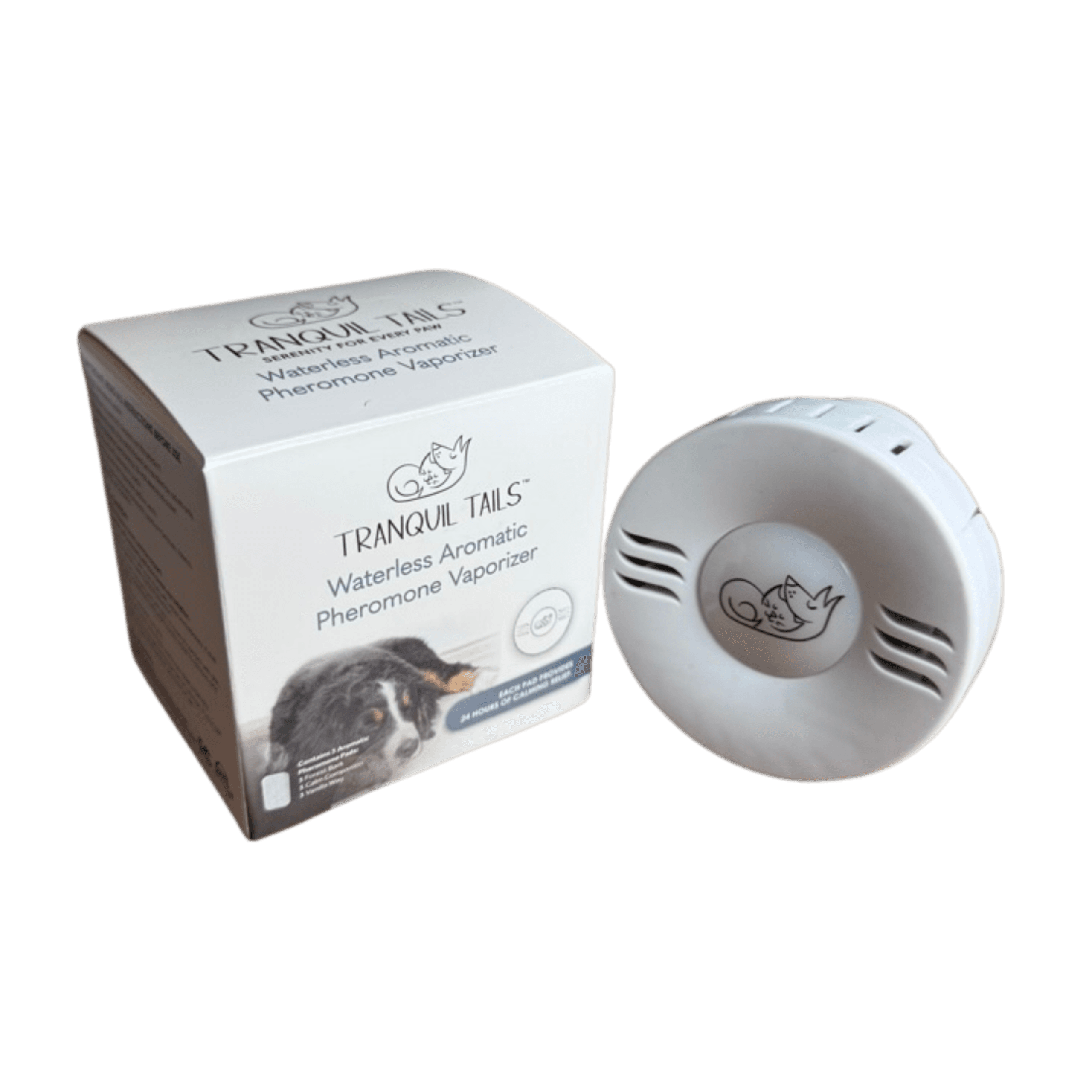 Tranquil Tails Pheromone Calming Diffuser for Dogs device and retail packaging