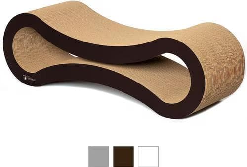 Walnut brown PetFusion Ultimate Cat Scratcher Lounge with a curved corrugated cardboard scratching surface