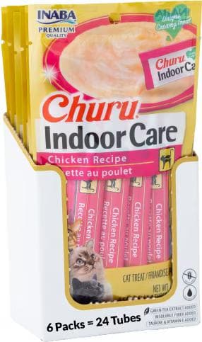 Inaba Churu Indoor Care chicken recipe hairball control lickable cat treats, 24 tubes