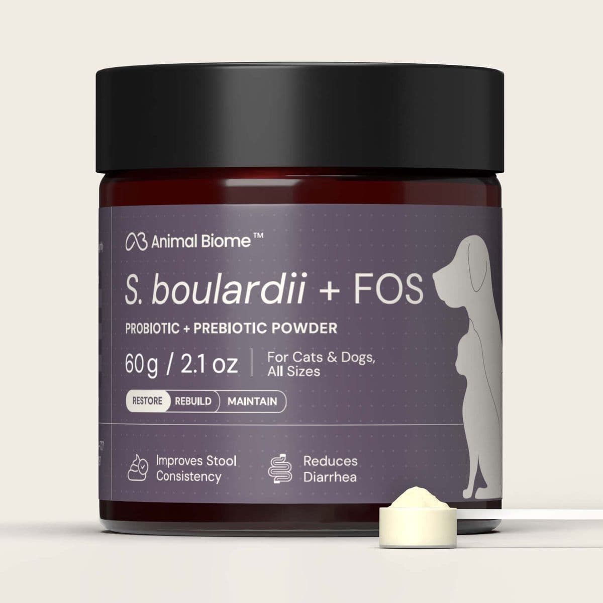 Animal Biome S. boulardii + FOS probiotic and prebiotic powder jar with scoop